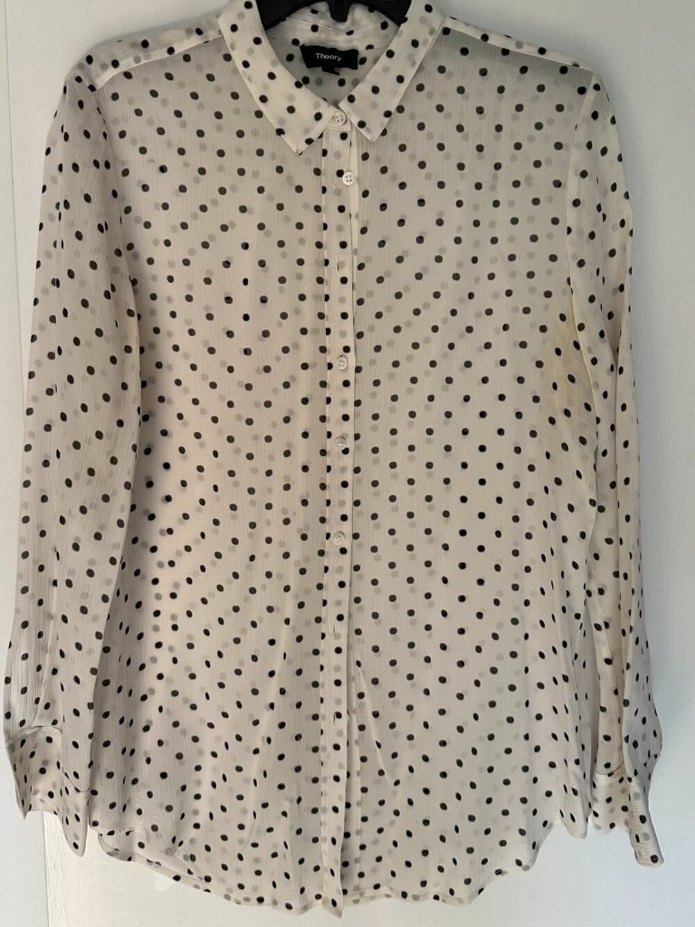 Theory Sheer White Blouse with Black Polka Dots in Size L